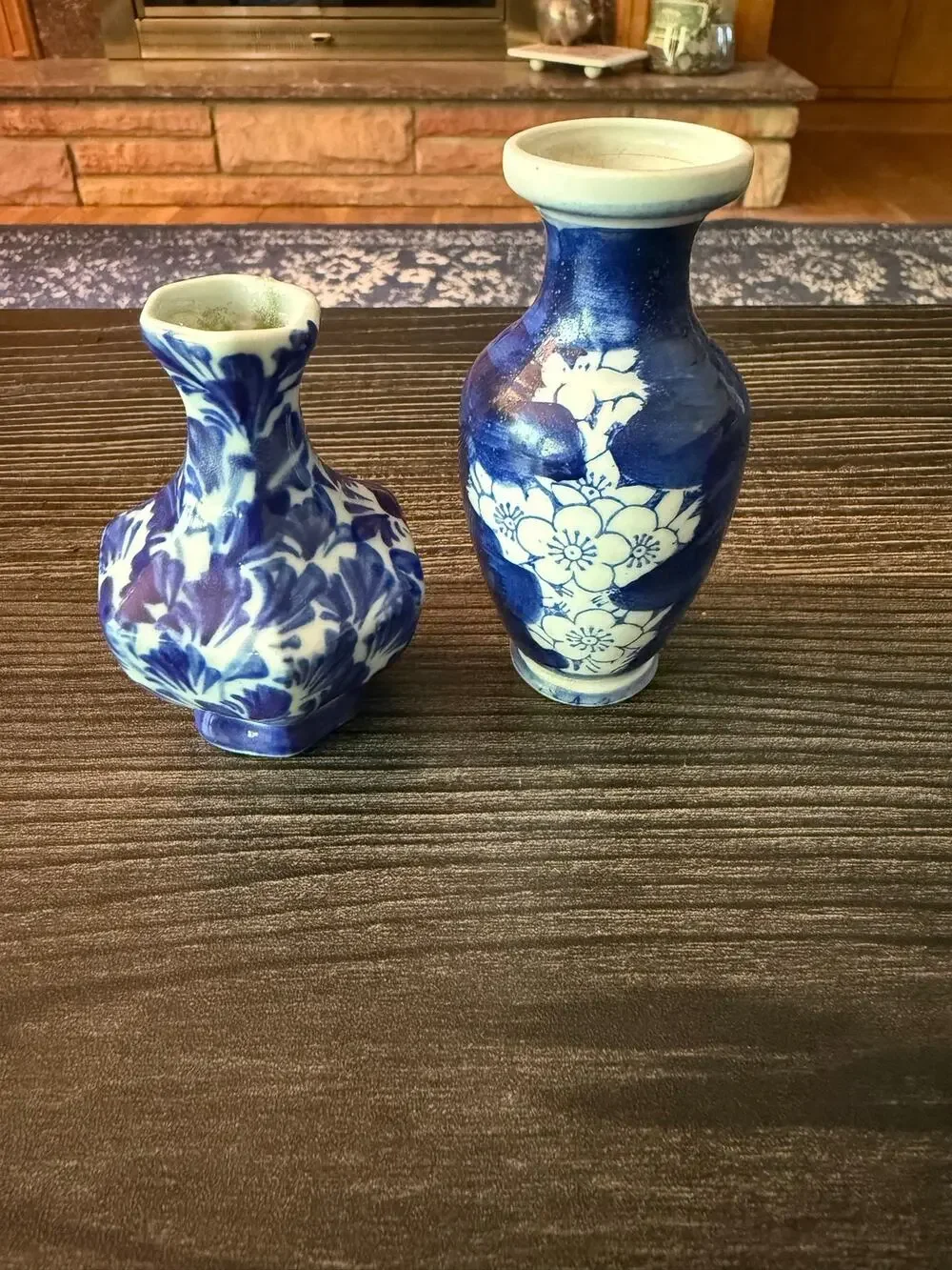 Vintage Blue and White Porcelain Bud Vases Blooming White Flowers